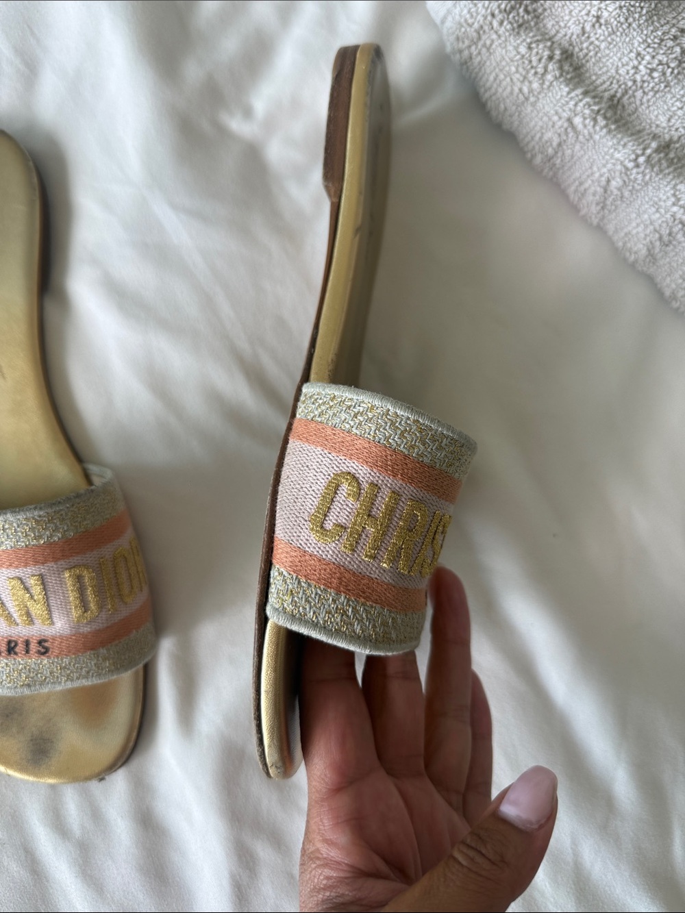 Dior Gold and Pink Embroidered Slide Sandals - Picture 7 of 9